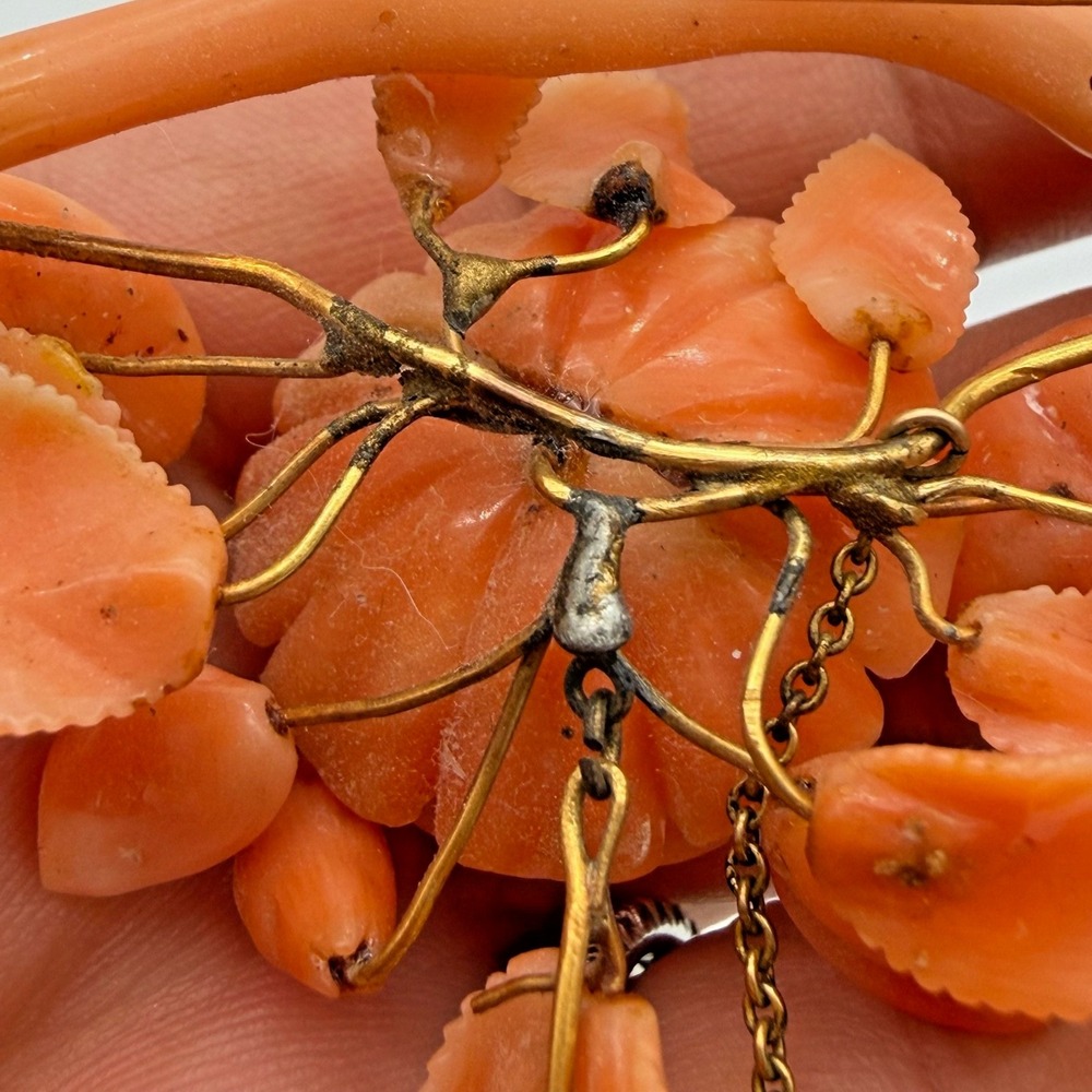 Antique Victorian Gold Angel Skin Coral Floral Bouquet Brooch C Clasp Dangle - Picture 13 of 16